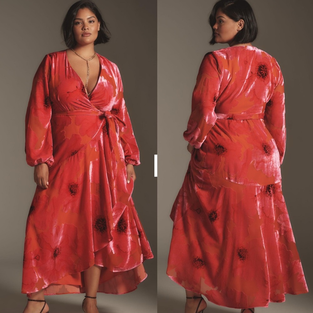 Hutch Long-Sleeve V-Neck Wrap Midi Dress in Pink Orange Size 1X NEW! With tags!